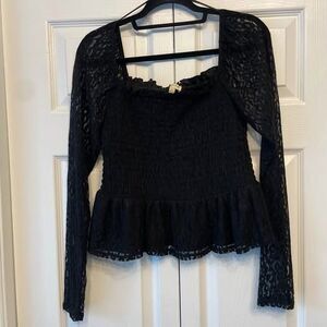Black Lace Smocked Shirt